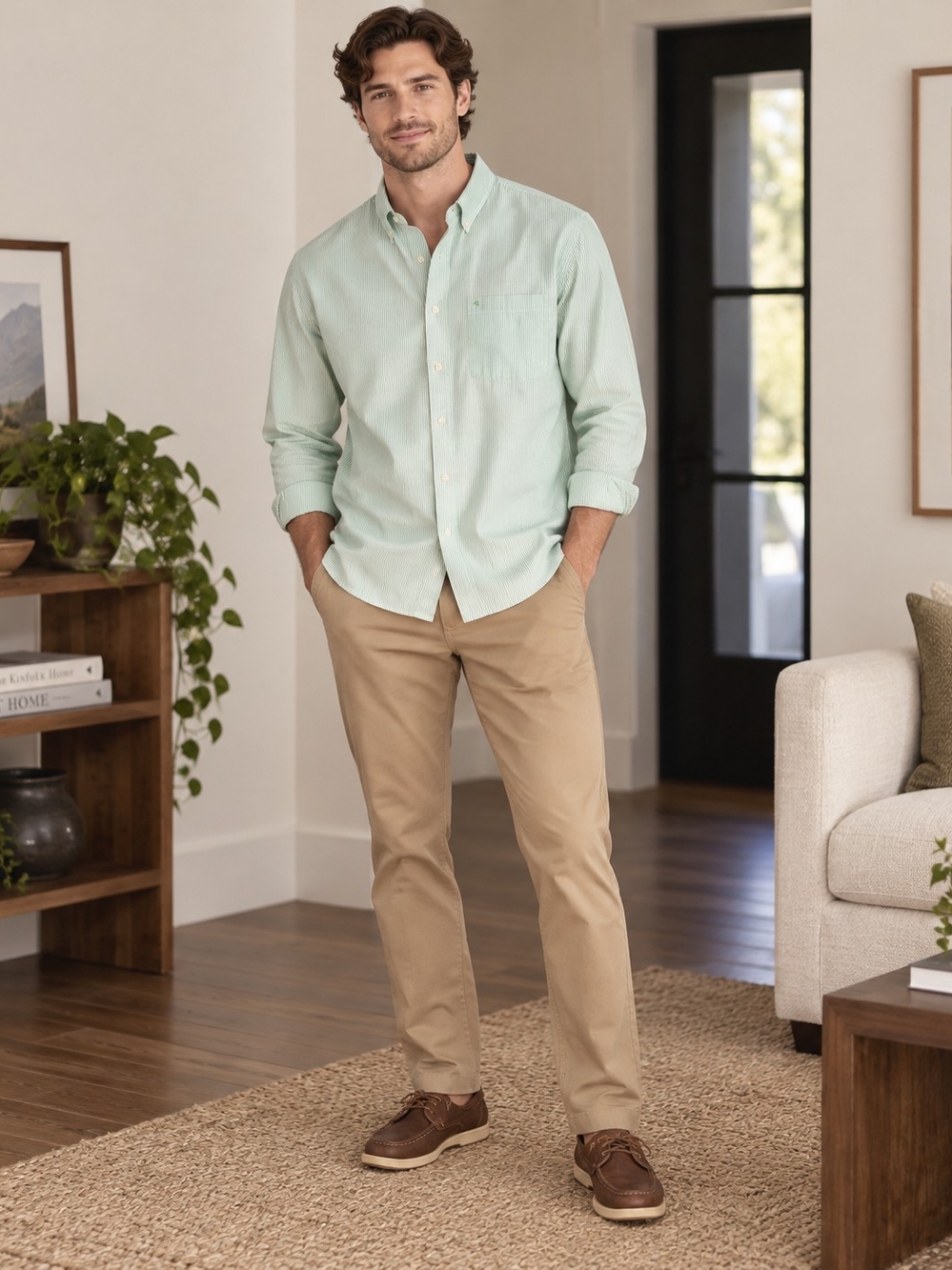 IZOD Long Sleeve Striped Sage Green Oxford Shirt Size XXL Preppy Casual Travel